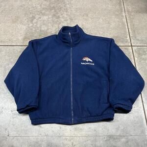 vintage denver broncos navy and orange zip up fleece reversible bomber jacket